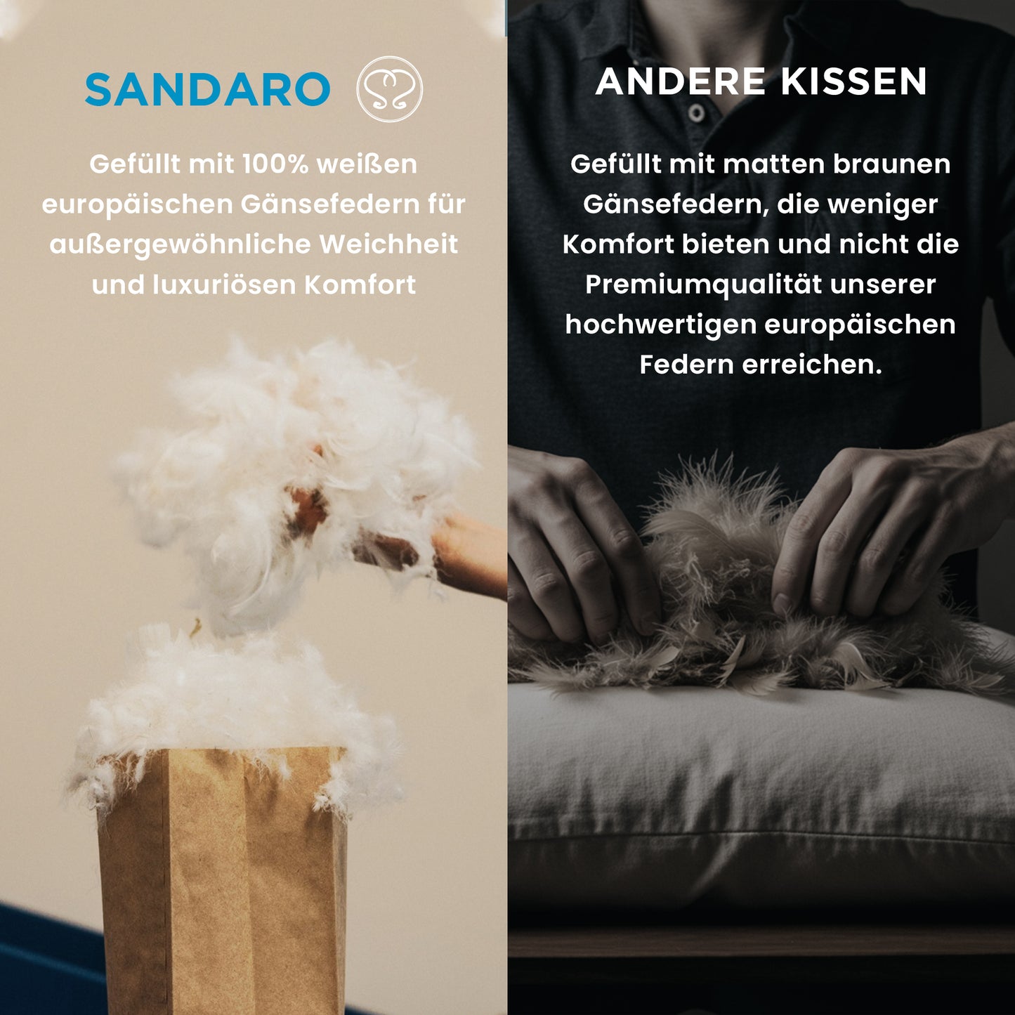 2er-Set Federkissen 40x80 cm – 850 g – 100 % Federn