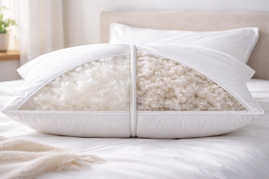 Aufgeschnittenes Kopfkissen im Querschnitt – links Gänsedaunen, rechts Entendaunen im direkten Vergleich