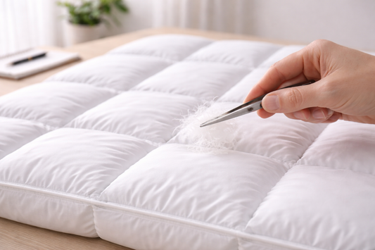 Daunendecke im Test – Prüfer untersucht Daunenfüllung mit Pinzette im Close-up