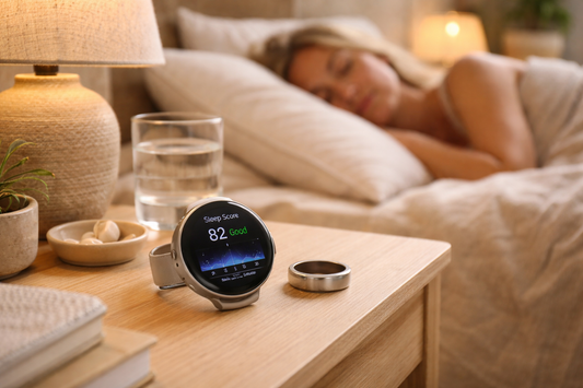 „Schlaftracker (Smartwatch) und Ring auf einem Nachttisch im gemütlichen Schlafzimmer, im Hintergrund schläft eine Person – Symbolbild für Sleepmaxxing und Schlafoptimierung.“