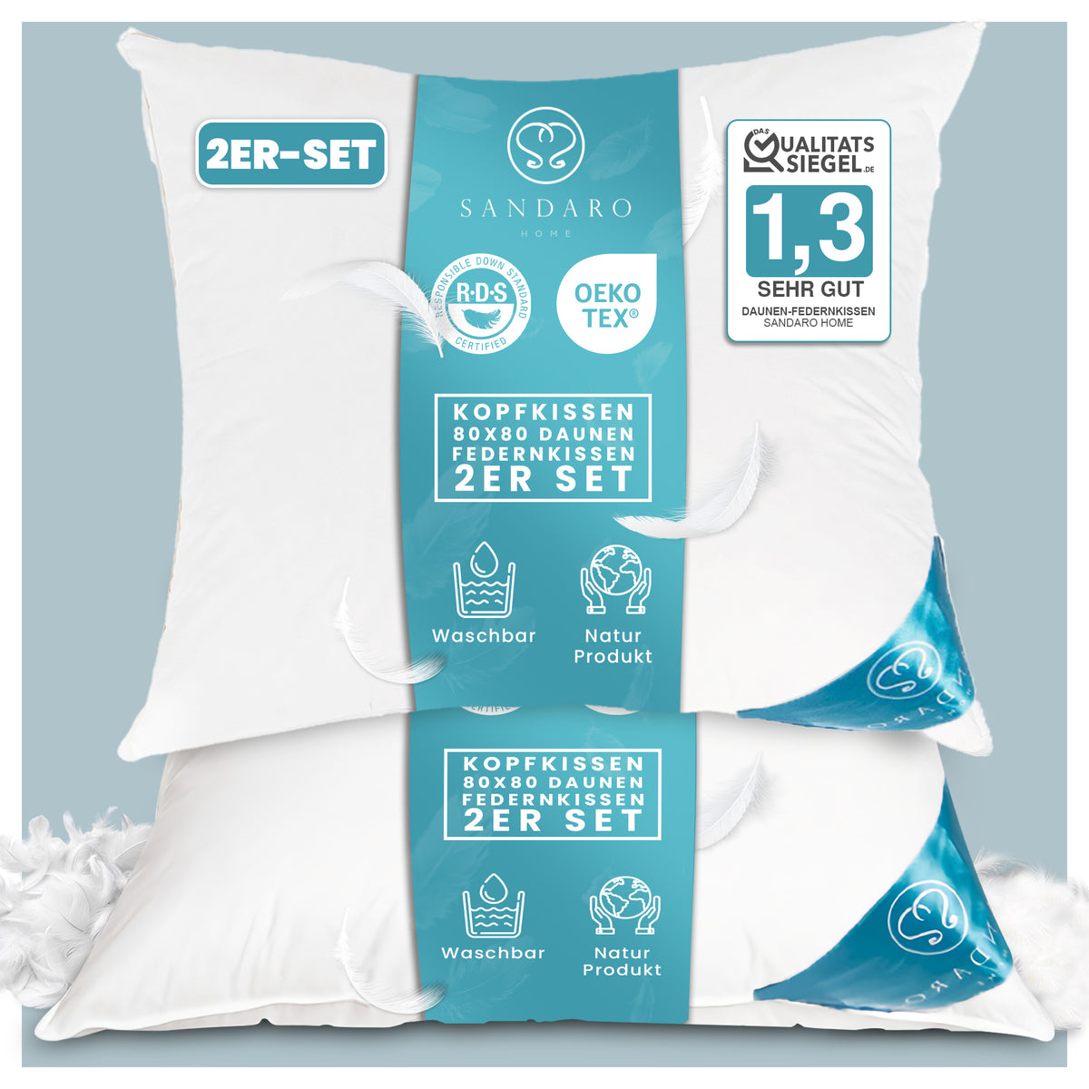 3-Kammer-Kopfkissen 80x80 im 2er-Set – je 1600 g – Sandaro Home Shop