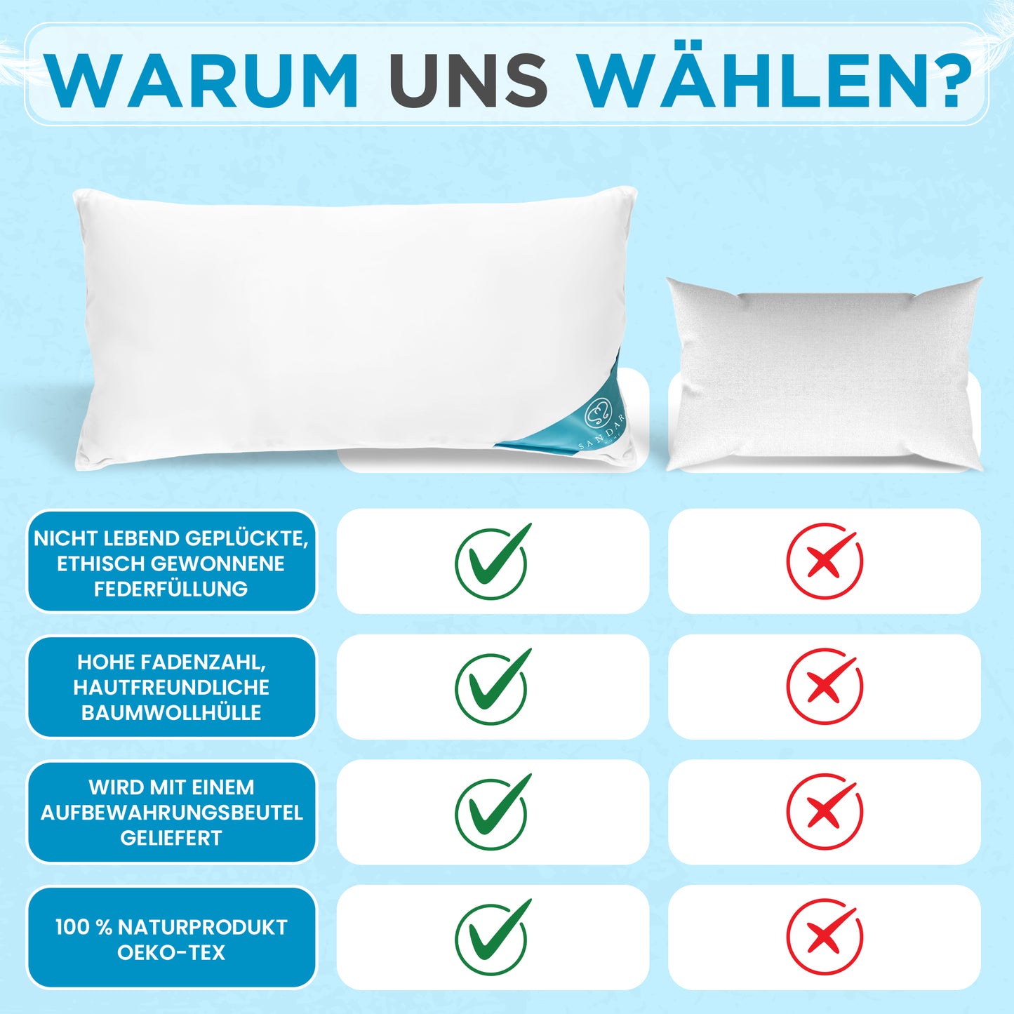 850 gr Kissen | 100% FEDERFÜLLUNG | 40 x 80 cm