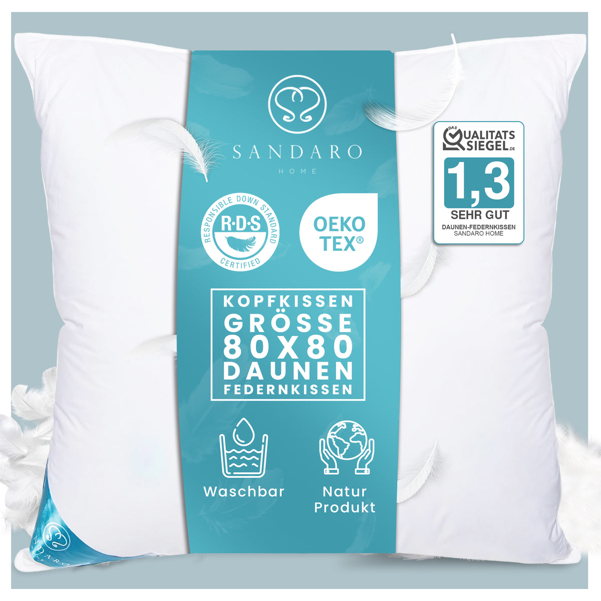Daunen-Feder-Kopfkissen 80x80 – 1100 g – Sandaro Home Shop