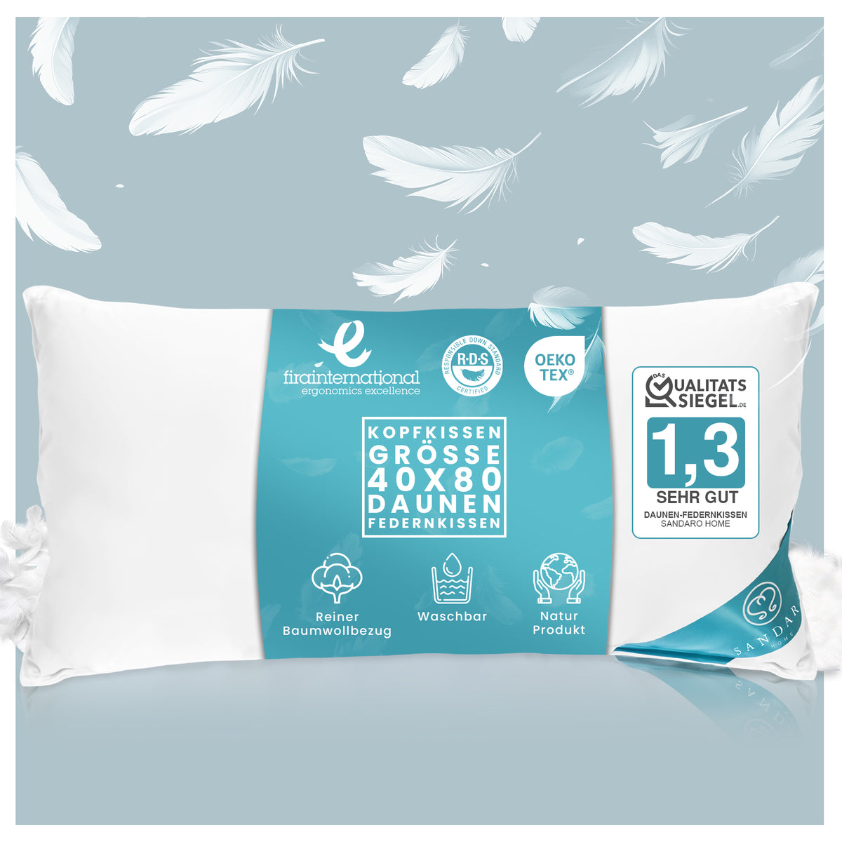3 kammer kopfkissen 40x80 cm – 750 g – Daunen & Federn – Sandaro Home Shop