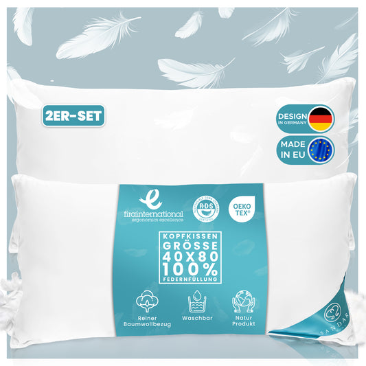 2x 850 gr Kissen | 100% FEDERFÜLLUNG-SET | 40 x 80 cm