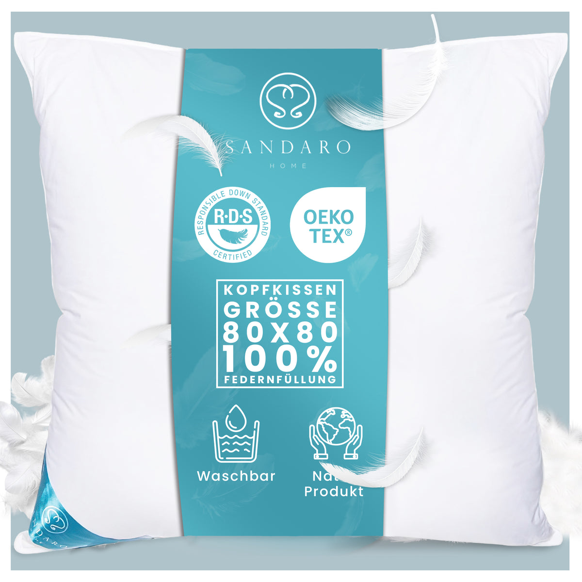 2er-Set Feder Kopfkissen 80x80 cm – 1500 g – 100 % Federn – Sandaro Home Shop